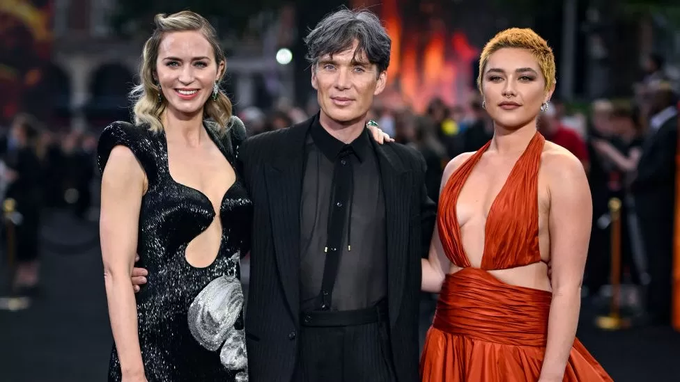 Actors Emily Blunt (L), Cillian Murphy (centre) and Florence Pugh (R) at the premiere of Oppenheimer