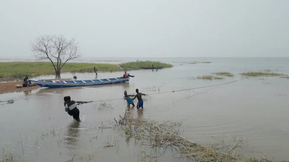 Children working on the shores of Lake Volta are a common sight