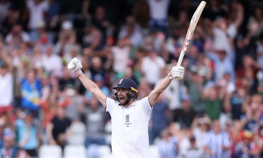 Chris Woakes celebrates hitting the winning runs at Headingley against Australia.