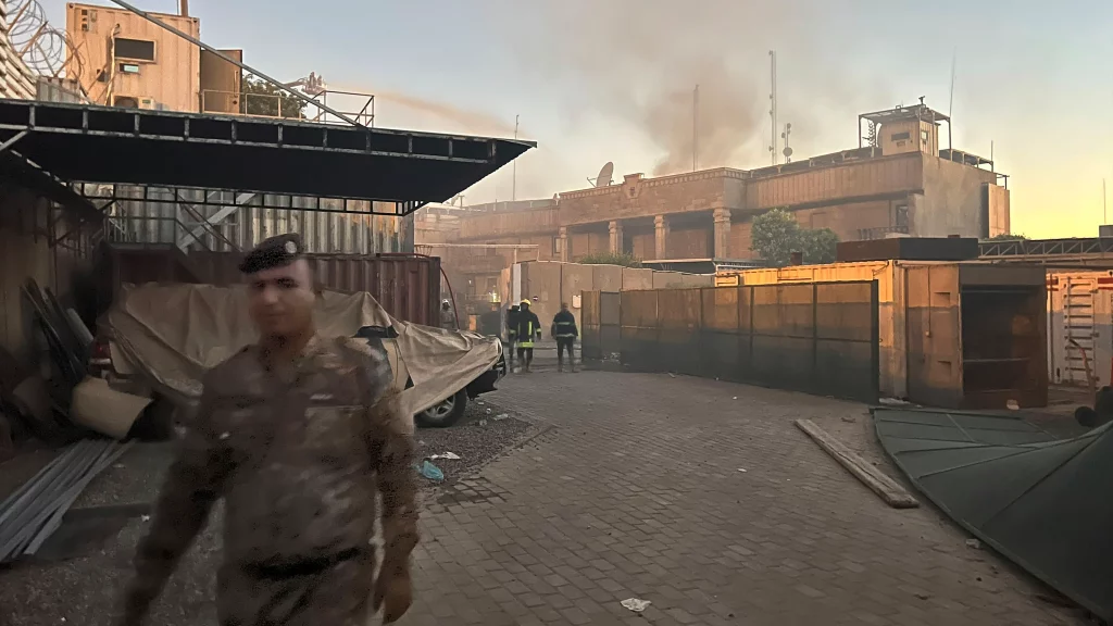 Smoke rises from the Swedish Embassy in Baghdad