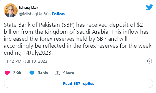 Finance Minister Ishaq Dar said on Tuesday that the State Bank of Pakistan (SBP) has received $2 billion from Saudi Arabia