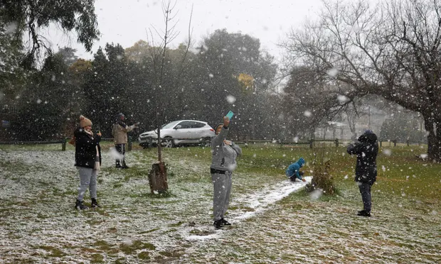 snow falls in Zoo Lake park in Johannesburg.