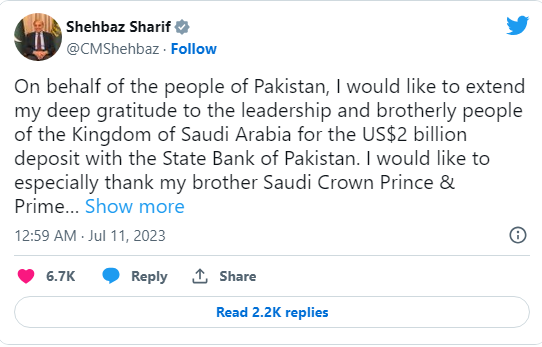 Prime Minister Shehbaz Sharif also expressed his gratitude to Saudi Arabia