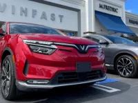 VinFast electric vehicles are parked before delivery to their first customers at a store in Los Angeles