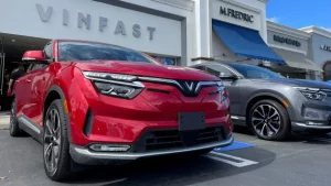 VinFast electric vehicles are parked before delivery to their first customers at a store in Los Angeles