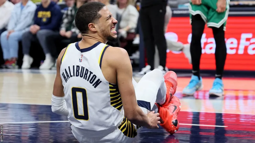 Tyrese Haliburton injured as Indiana Pacers beat Boston Celtics.